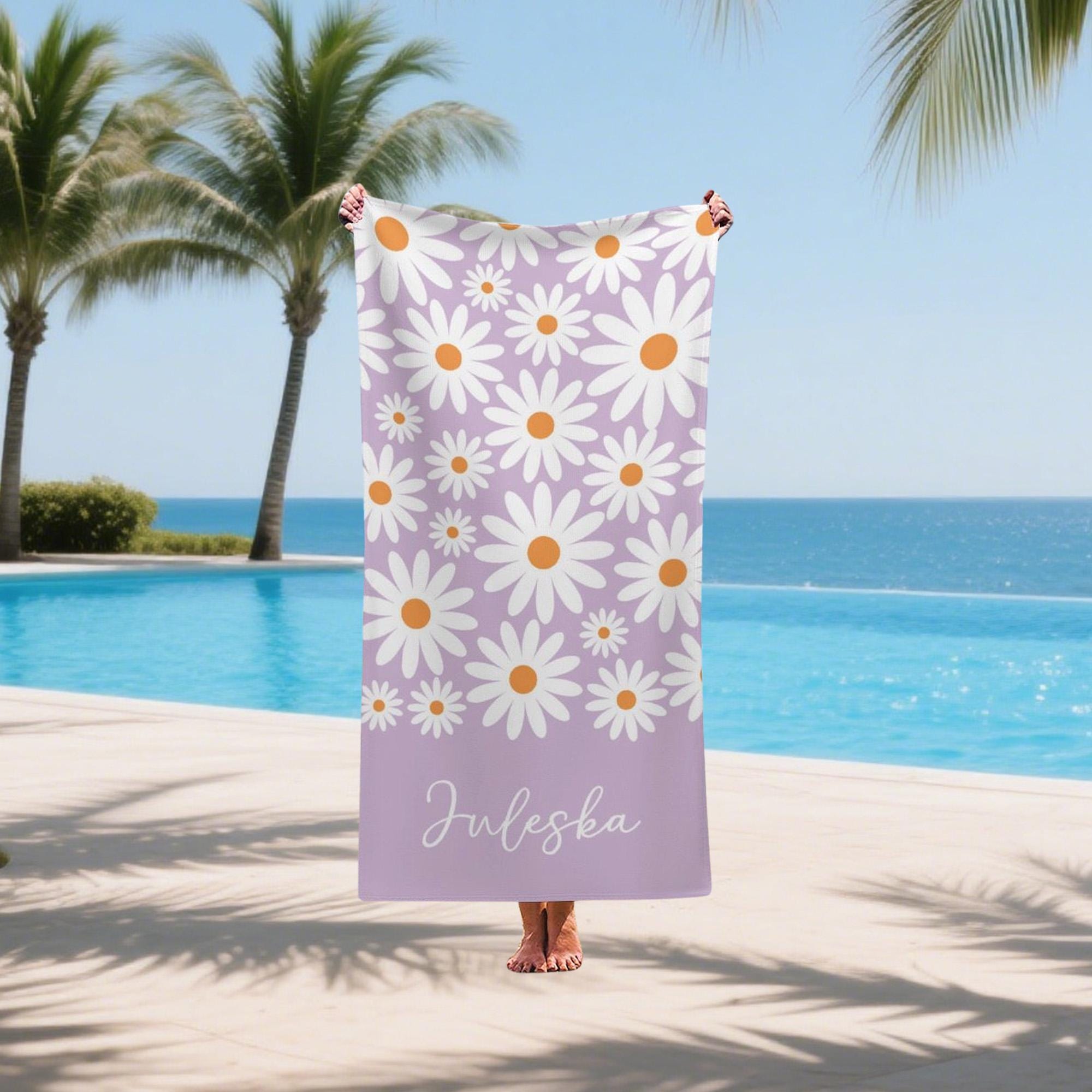 Custom Daisy Name Beach Towel,family Beach Trip Gift,family Vacation Towels, Personalized Towels,daisy Floral Beach Towel,beach Towels