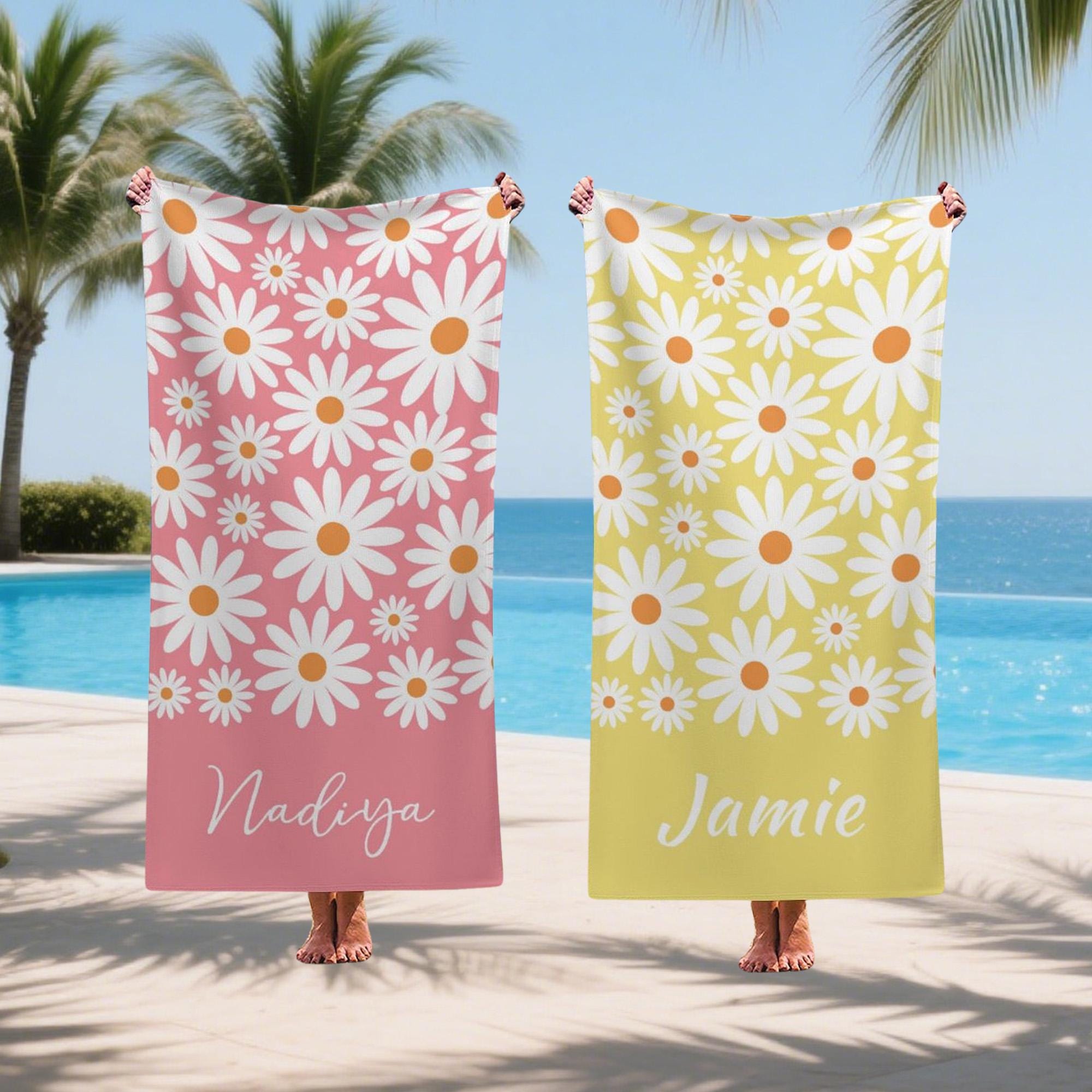 Custom Daisy Name Beach Towel,family Beach Trip Gift,family Vacation Towels, Personalized Towels,daisy Floral Beach Towel,beach Towels