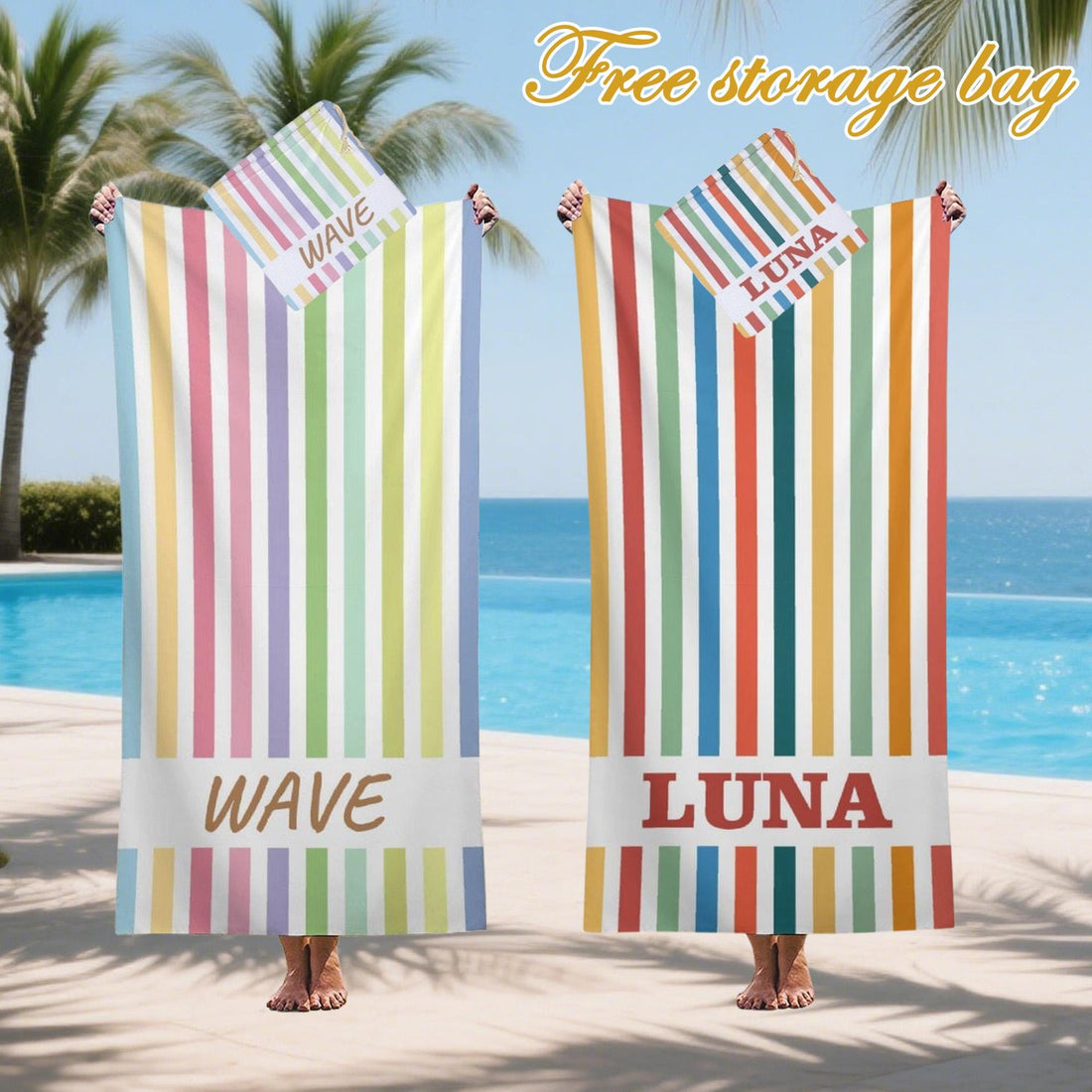 Personalized Colorful Rainbow Beach Towel, Name Towels Design, Striped Pool Towel